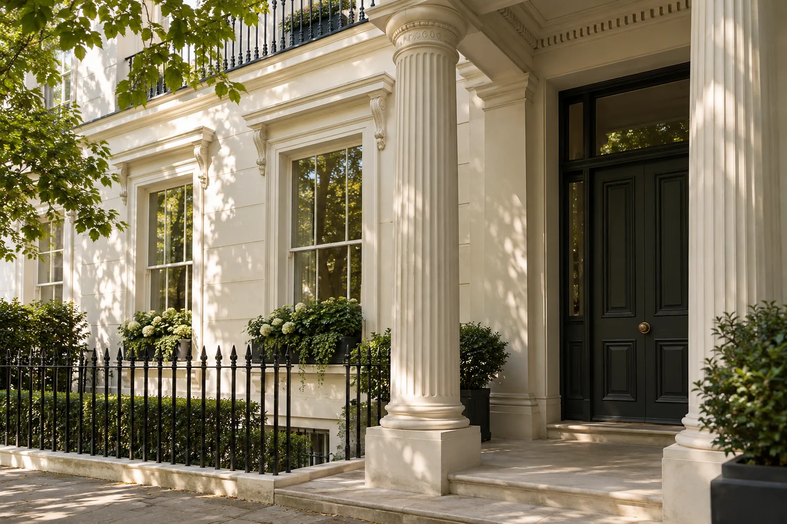 Cream-stucco entrance with fluted porch columns and tall sash windows in leafy shade