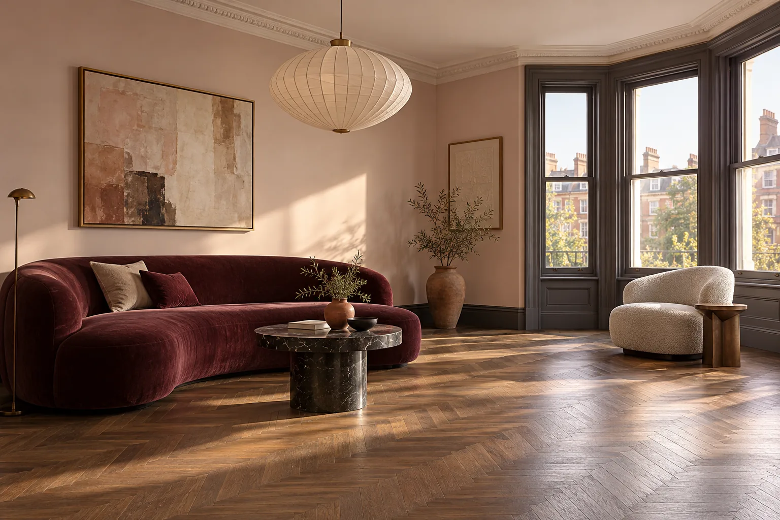 Plaster-pink reception room with plum-painted bay windows, a burgundy sofa and herringbone parquet